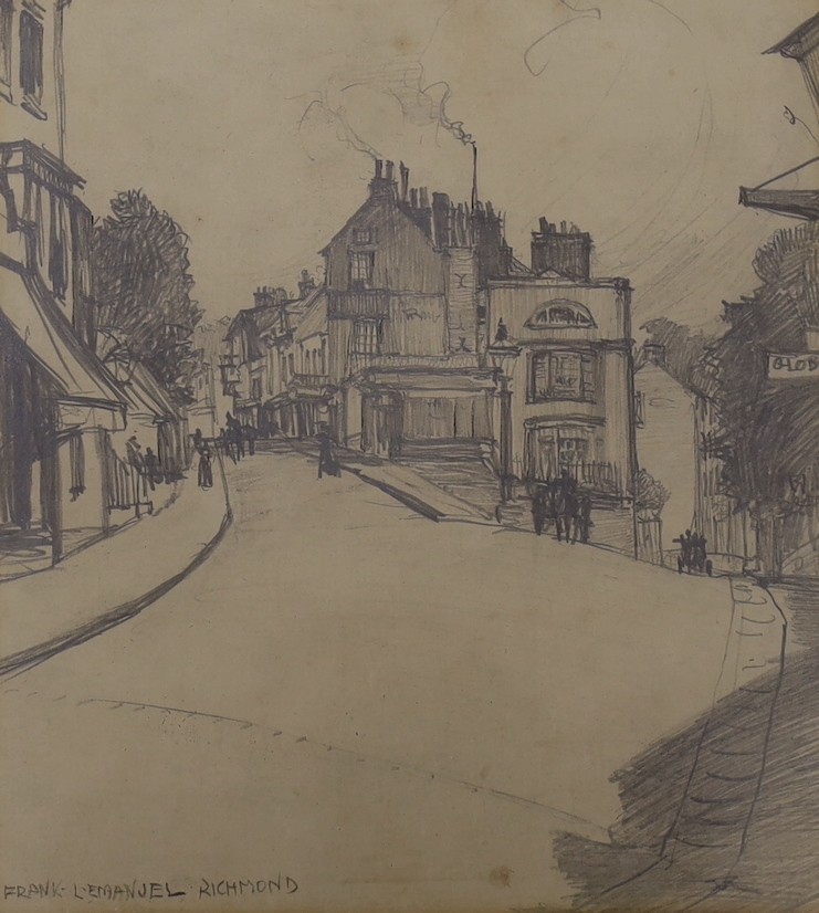 Frank Lewis Emanuel (1866-1948), pencil drawing, Richmond Street scene, signed, 18 x 16.5cm and a Frederick Carter (1863-1947), etching. 'The Dean's Eye Gate, Wells', signed, 4/30, 19 x 24cm